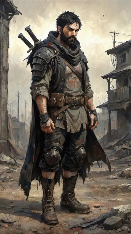Prompt: ((anime background)), screencap "Post-apocalyptic warrior, male, late 30s, rugged build, scarred face, short black hair, full black beard that reaches down to the chest, wearing heavy stitched, long sleeve shirt covered by additional plated armor on the arms and legs, cracked chest plate with Brotherhood insignia, tattered cloak over one shoulder, hood partially covering face, sword hanging across back, battered gauntlets, ash-covered boots, grim serious expression, urban ruins background, muted ash and earth tones, cinematic dramatic lighting, anime realistic gritty style, heavy dust in the air, post-battle atmosphere, hardened survivor"