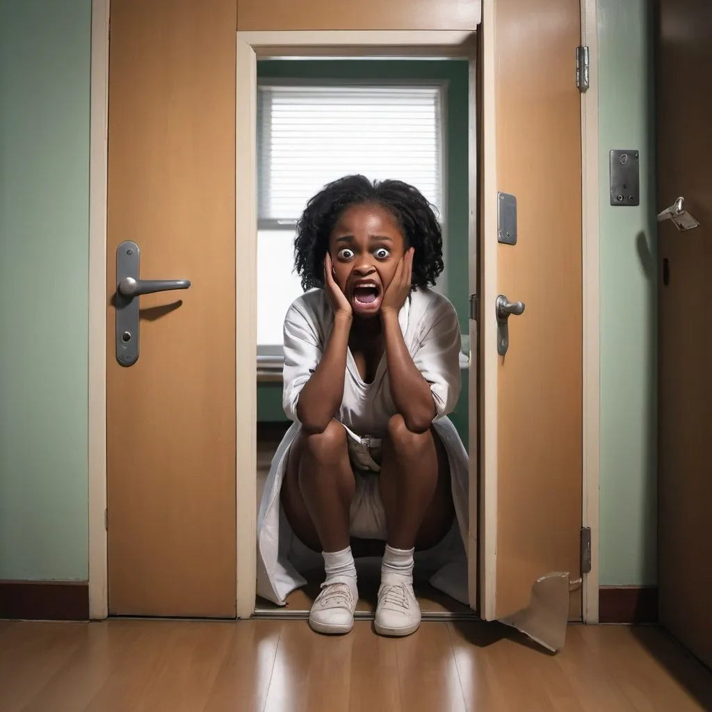 Prompt: a pysch ward door with handles on window. a black girl behind it on the floor crying with a straitjacket. on the other side pf the door i want it to show people still asking for help or needing her to don something and it drove her crazy
