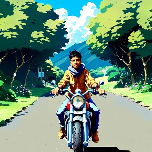Prompt: 2d studio ghibli anime style, girl on motorcycle, anime scene