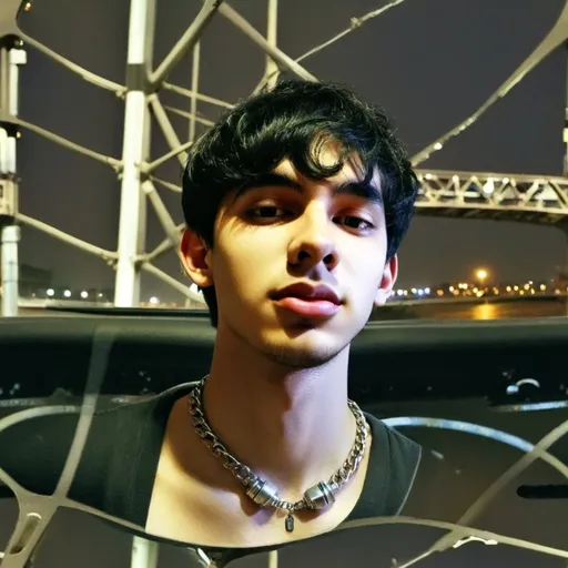 Prompt: a man sitting in a car with a necklace on his neck and a bridge in the background with cars, Fathi Hassan, aestheticism, good lighting, a picture
