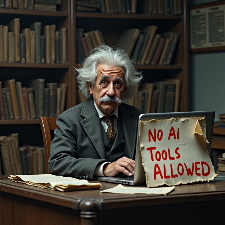 Prompt: A young Albert Einstein, dressed as a Swiss patent clerk from the early 1900s, sits at a worn, cluttered government patent office desk in a dimly lit room filled with bookshelves and stacks of disorganized paper. His hair is slightly unkempt, and he has a youthful but contemplative appearance. In front of him, a sleek, glowing, modern laptop is open on the desk, creating a stark, anachronistic contrast. Beside the laptop, prominently posted on a large, torn sheet of paper taped to the desk, is a handwritten sign in bold, bright red marker that reads "No AI Tools Allowed," standing out sharply against the muted, desaturated tones of the scene. Einstein's face is filled with emotion as he sobs, wet, glistening tears of disappointment streaming down his cheeks, his expression conveying deep sadness and a sense of frustration. The overall scene is highly photorealistic, with detailed textures such as the grain of the wooden desk, the rough edges of the torn sign, and the soft glow of the laptop screen. The atmosphere is somber and cinematic, with desaturated colors and dramatic lighting emphasizing the tension and irony of the moment. (sobbing wet tears:1.5) (bright red marker:1.5) (torn paper sign:1.4) (photorealistic textures:1.5) (desaturated tones:1.3) (dramatic lighting:1.2) (symbolic irony:1.4)
