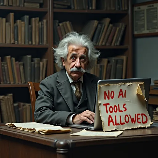 Prompt: A young Albert Einstein, dressed as a Swiss patent clerk from the early 1900s, sits at a worn, cluttered government patent office desk in a dimly lit room filled with bookshelves and stacks of disorganized paper. His hair is slightly unkempt, and he has a youthful but contemplative appearance. In front of him, a sleek, glowing, modern laptop is open on the desk, creating a stark, anachronistic contrast. Beside the laptop, prominently posted on a large, torn sheet of paper taped to the desk, is a handwritten sign in bold, bright red marker that reads "No AI Tools Allowed," standing out sharply against the muted, desaturated tones of the scene. Einstein's face is filled with emotion as he sobs, wet, glistening tears of disappointment streaming down his cheeks, his expression conveying deep sadness and a sense of frustration. The overall scene is highly photorealistic, with detailed textures such as the grain of the wooden desk, the rough edges of the torn sign, and the soft glow of the laptop screen. The atmosphere is somber and cinematic, with desaturated colors and dramatic lighting emphasizing the tension and irony of the moment. (sobbing wet tears:1.5) (bright red marker:1.5) (torn paper sign:1.4) (photorealistic textures:1.5) (desaturated tones:1.3) (dramatic lighting:1.2) (symbolic irony:1.4)
