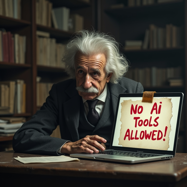 Prompt: A young Albert Einstein, dressed as a Swiss patent clerk from the early 1900s, sits at a worn, cluttered government patent office desk in a dimly lit room filled with bookshelves and stacks of disorganized paper. His hair is slightly unkempt, and he has a youthful but contemplative appearance. In front of him, a sleek, glowing, modern laptop is open on the desk, creating a stark, anachronistic contrast. Beside the laptop, prominently posted on a large, torn sheet of paper taped to the desk, is a handwritten sign in bold, bright red marker that reads "No AI Tools Allowed," standing out sharply against the muted, desaturated tones of the scene. Einstein's face is filled with emotion as he sobs, wet, glistening tears of disappointment streaming down his cheeks, his expression conveying deep sadness and a sense of frustration. The overall scene is highly photorealistic, with detailed textures such as the grain of the wooden desk, the rough edges of the torn sign, and the soft glow of the laptop screen. The atmosphere is somber and cinematic, with desaturated colors and dramatic lighting emphasizing the tension and irony of the moment. (sobbing wet tears:1.5) (bright red marker:1.5) (torn paper sign:1.4) (photorealistic textures:1.5) (desaturated tones:1.3) (dramatic lighting:1.2) (symbolic irony:1.4)
