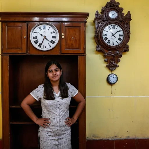 Prompt: a woman standing in front of a wooden cabinet with a clock on it's side and a clock on the wall, Araceli Gilbert, quito school, jayison devadas, a photo