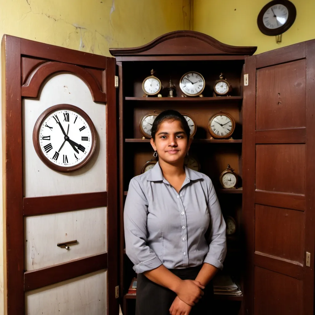 Prompt: a woman standing in front of a wooden cabinet with a clock on it's side and a clock on the wall, Araceli Gilbert, quito school, jayison devadas, a photo