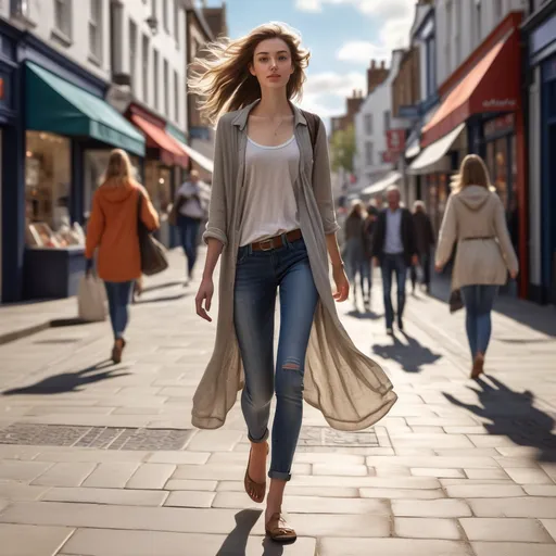 Prompt: Tall young woman walking down the high street, (detailed clothing), (realistic), natural lighting, bustling urban environment, lively atmosphere, showcasing various shops and cafes, bright daylight casting soft shadows, vibrant street life, high-definition clarity, (immersive scene), (casual elegance), capturing movement and grace in the stride, dynamic perspective.