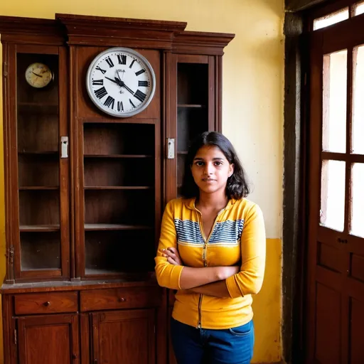 Prompt: a woman standing in front of a wooden cabinet with a clock on it's side and a clock on the wall, Araceli Gilbert, quito school, jayison devadas, a photo