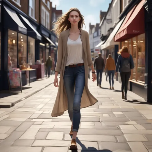 Prompt: Tall young woman walking down the high street, (detailed clothing), (realistic), natural lighting, bustling urban environment, lively atmosphere, showcasing various shops and cafes, bright daylight casting soft shadows, vibrant street life, high-definition clarity, (immersive scene), (casual elegance), capturing movement and grace in the stride, dynamic perspective.