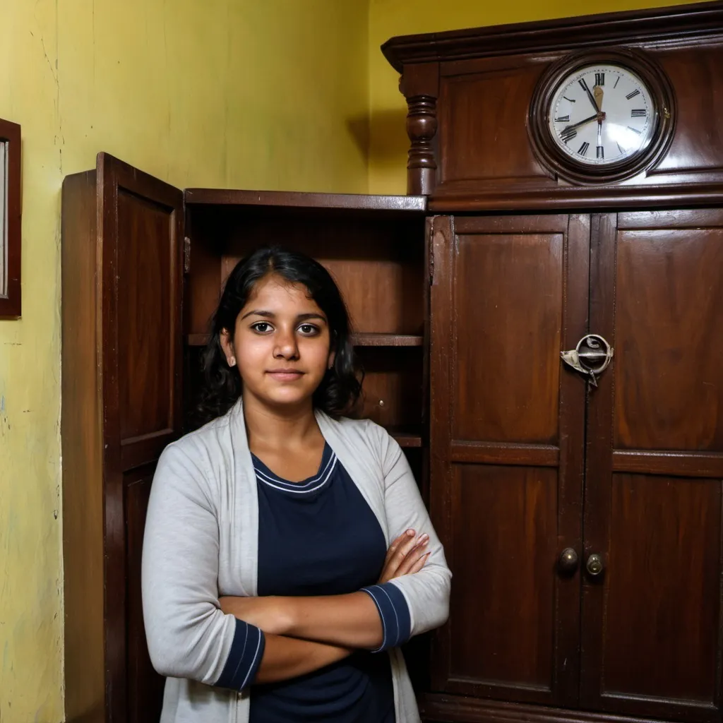 Prompt: a woman standing in front of a wooden cabinet with a clock on it's side and a clock on the wall, Araceli Gilbert, quito school, jayison devadas, a photo