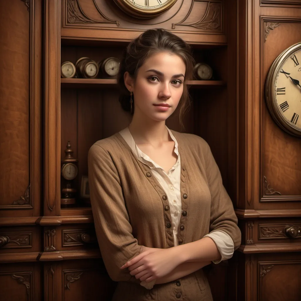 Prompt: photorealistic, (highly detailed) woman standing in front of a wooden cabinet, serene expression, soft lighting, antique clock on the cabinet and wall, (warm tones) evocative ambiance, intricate wood grain texture, elegantly styled, indoor setting at Quito school, (rich backdrop) creating a nostalgic atmosphere, ultra-detailed, inviting warmth.