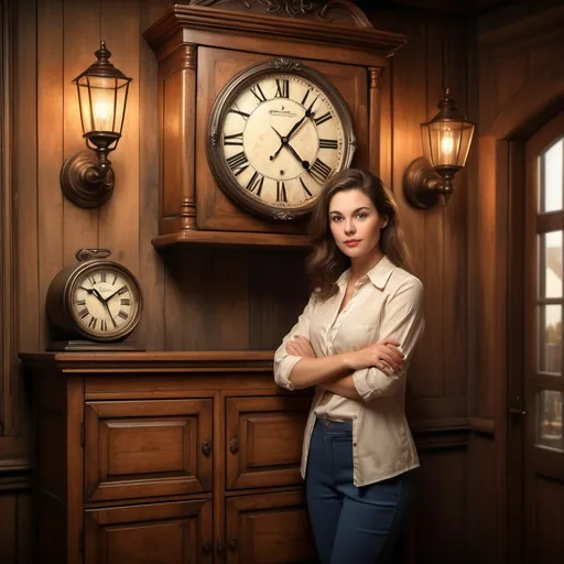 Prompt: (photorealistic) woman standing in front of a rustic wooden cabinet, vintage clock on the cabinet side, wall clock overhead, warm lighting, cozy ambiance, focused expression, detailed surroundings showcasing a scholarly environment, framed artwork in the background, high-quality photograph, rich textures and tones, emphasizing serene moment in a quaint setting.