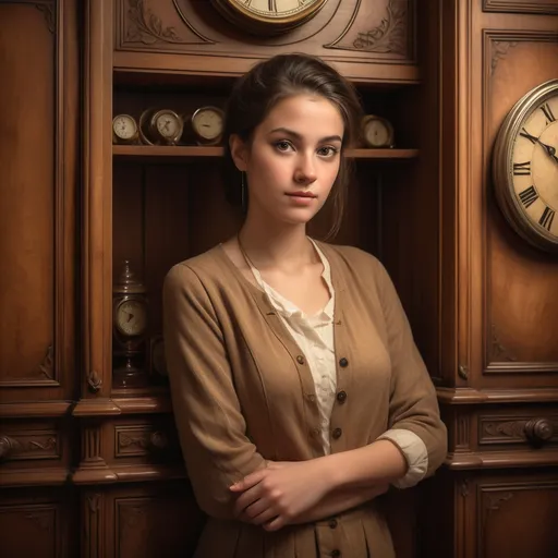 Prompt: photorealistic, (highly detailed) woman standing in front of a wooden cabinet, serene expression, soft lighting, antique clock on the cabinet and wall, (warm tones) evocative ambiance, intricate wood grain texture, elegantly styled, indoor setting at Quito school, (rich backdrop) creating a nostalgic atmosphere, ultra-detailed, inviting warmth.