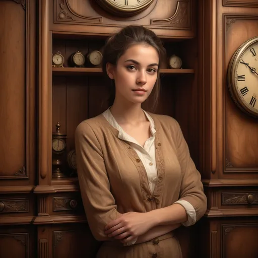 Prompt: photorealistic, (highly detailed) woman standing in front of a wooden cabinet, serene expression, soft lighting, antique clock on the cabinet and wall, (warm tones) evocative ambiance, intricate wood grain texture, elegantly styled, indoor setting at Quito school, (rich backdrop) creating a nostalgic atmosphere, ultra-detailed, inviting warmth.