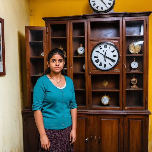 Prompt: a woman standing in front of a wooden cabinet with a clock on it's side and a clock on the wall, Araceli Gilbert, quito school, jayison devadas, a photo