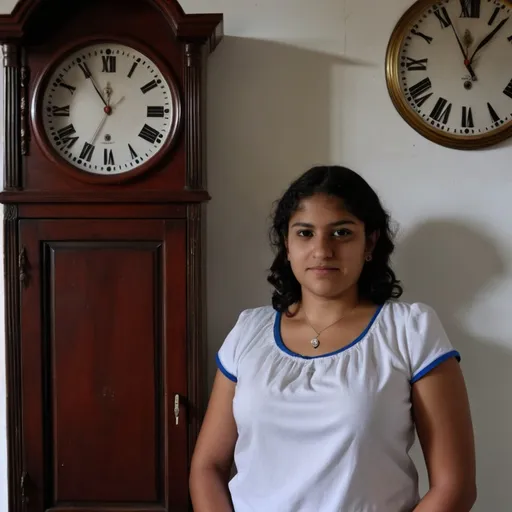 Prompt: a woman standing in front of a wooden cabinet with a clock on it's side and a clock on the wall, Araceli Gilbert, quito school, jayison devadas, a photo