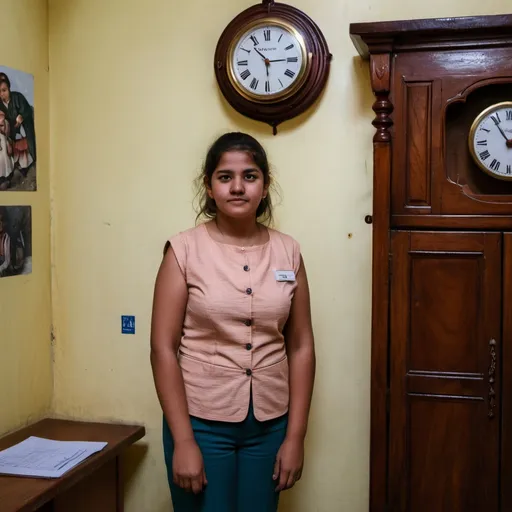 Prompt: a woman standing in front of a wooden cabinet with a clock on it's side and a clock on the wall, Araceli Gilbert, quito school, jayison devadas, a photo