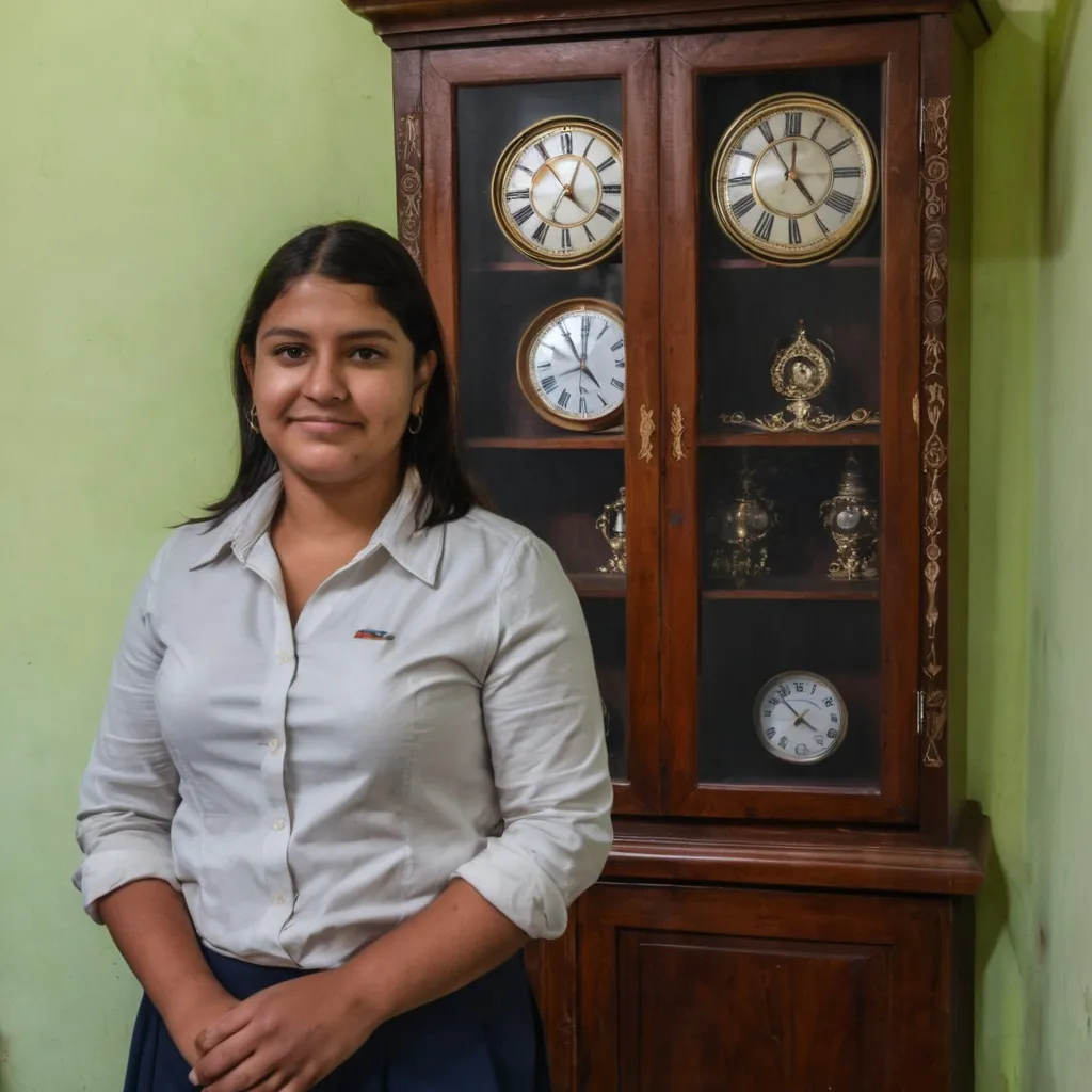 Prompt: a woman standing in front of a wooden cabinet with a clock on it's side and a clock on the wall, Araceli Gilbert, quito school, jayison devadas, a photo