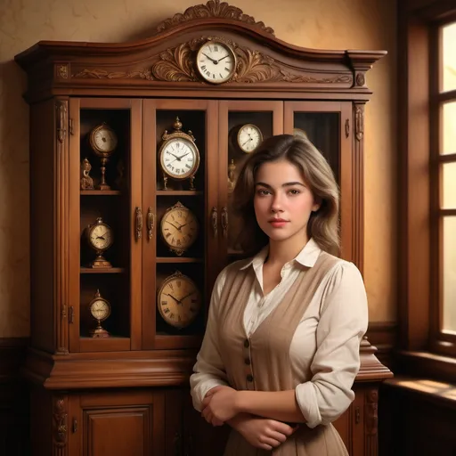 Prompt: photorealistic, (highly detailed) woman standing in front of a wooden cabinet, serene expression, soft lighting, antique clock on the cabinet and wall, (warm tones) evocative ambiance, intricate wood grain texture, elegantly styled, indoor setting at Quito school, (rich backdrop) creating a nostalgic atmosphere, ultra-detailed, inviting warmth.