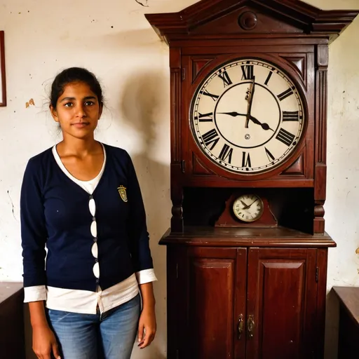 Prompt: a woman standing in front of a wooden cabinet with a clock on it's side and a clock on the wall, Araceli Gilbert, quito school, jayison devadas, a photo