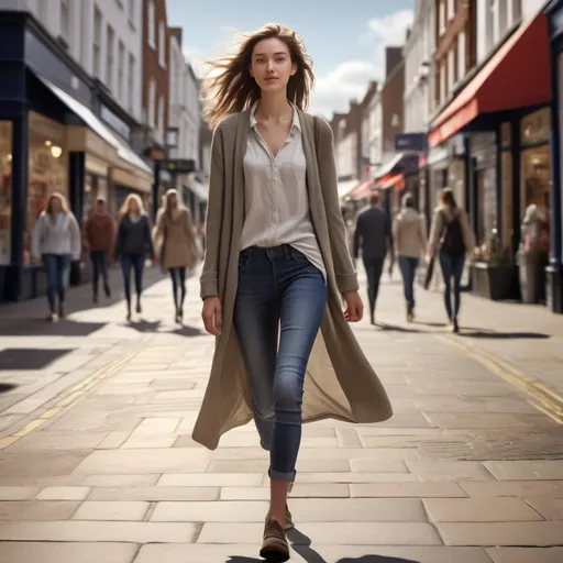 Prompt: Tall young woman walking down the high street, (detailed clothing), (realistic), natural lighting, bustling urban environment, lively atmosphere, showcasing various shops and cafes, bright daylight casting soft shadows, vibrant street life, high-definition clarity, (immersive scene), (casual elegance), capturing movement and grace in the stride, dynamic perspective.