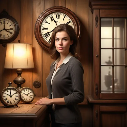 Prompt: (photorealistic) woman standing in front of a rustic wooden cabinet, vintage clock on the cabinet side, wall clock overhead, warm lighting, cozy ambiance, focused expression, detailed surroundings showcasing a scholarly environment, framed artwork in the background, high-quality photograph, rich textures and tones, emphasizing serene moment in a quaint setting.