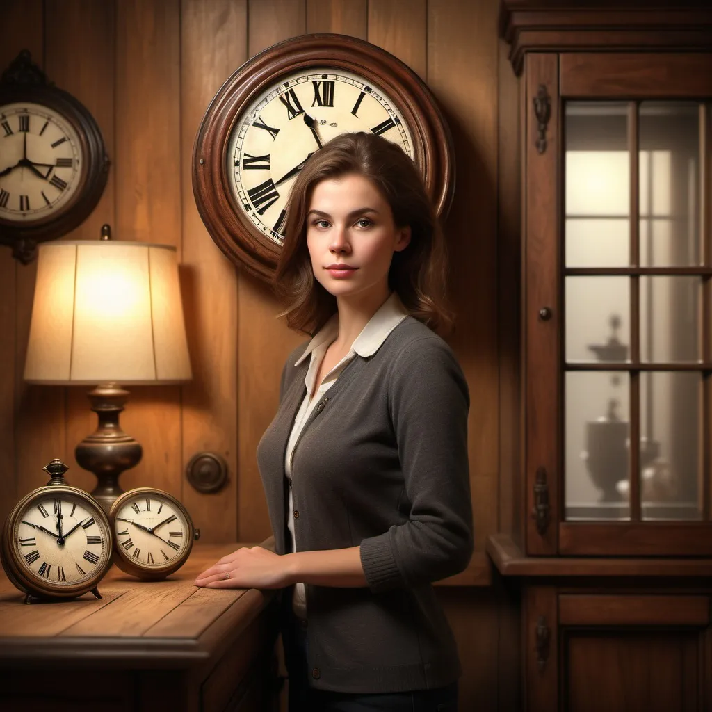 Prompt: (photorealistic) woman standing in front of a rustic wooden cabinet, vintage clock on the cabinet side, wall clock overhead, warm lighting, cozy ambiance, focused expression, detailed surroundings showcasing a scholarly environment, framed artwork in the background, high-quality photograph, rich textures and tones, emphasizing serene moment in a quaint setting.