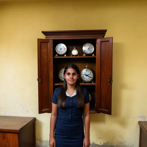 Prompt: a woman standing in front of a wooden cabinet with a clock on it's side and a clock on the wall, Araceli Gilbert, quito school, jayison devadas, a photo