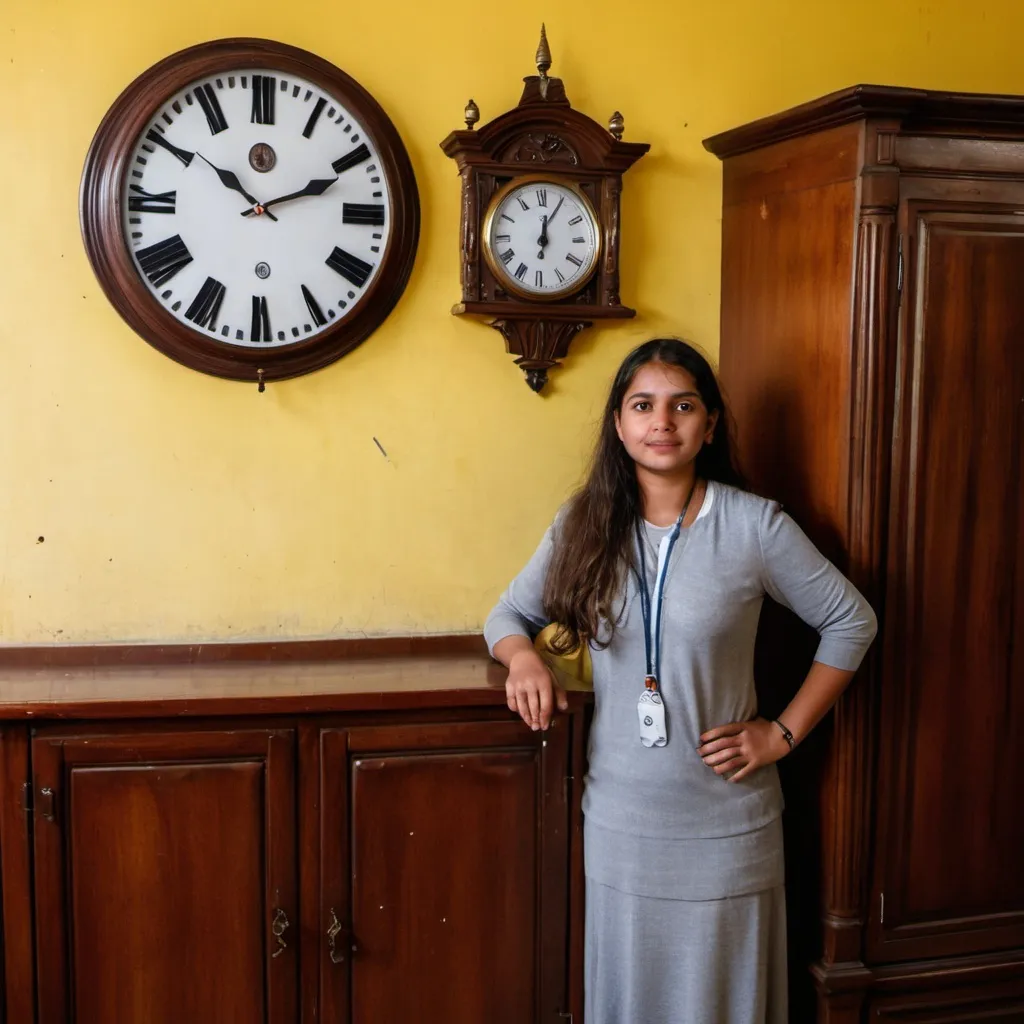 Prompt: a woman standing in front of a wooden cabinet with a clock on it's side and a clock on the wall, Araceli Gilbert, quito school, jayison devadas, a photo