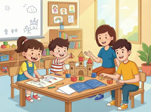 Prompt: @lebcOHynRrgvb2MQ2k88 with a different outfit but keeping the same hair and face and @NmgIVJfMJmcoSUXLl4cr are designing a castle while using some blocks and with pens and paper, while @J7M0U9lSRT6qWF9aWOA3 and@fu8BVduYxcQFqgqahmEx sitting aside to provide guidance. the background is school. the overall vibe is fun and happy. keep the style of the reference picture 