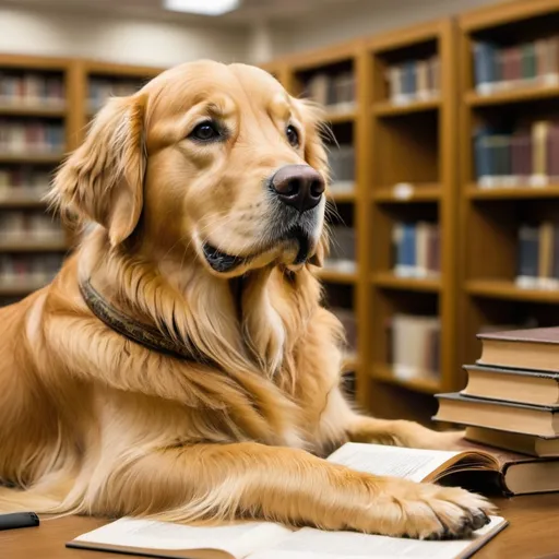 Prompt: A golden retriever working in a library as a genealogist
