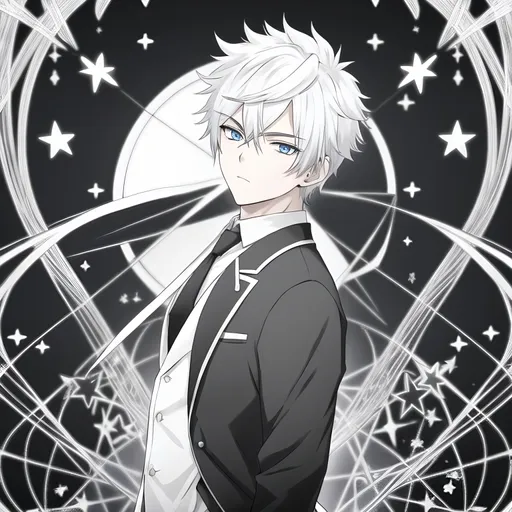 Prompt: Description: A captivating anime-style portrait of a teenage boy with white hair and blue eyes, viewed from a left-side angle. His hair is slightly tousled, adding to his stylish appearance. He is dressed in a sleek black suit with a blue tie, and a four-pointed yellow star is pinned on the left side of his jacket. The background features a dimensional space with ethereal elements and cosmic patterns, inspired by the AOV dimension,standing pose