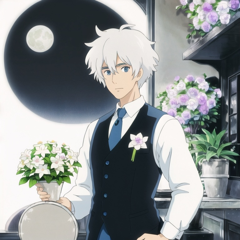 Prompt: 1boy, ahoge, alternate costume, bishounen, black vest, blue eyes, bouquet, flower, hair between eyes, holding flower, hydrangea, leaf, lily \(flower\), looking at viewer, lotus, male focus, moon, necktie, palm tree, plant, potted plant, shirt, short hair, solo, spider lily, upper body, vase, vest, white flower, white hair,anime line  art style