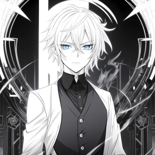 Prompt: Anime illustration of a boy  young adult with intense ice-blue eyes, white hair, mean expression, full-face view, highres, anime, detailed eyes, intense gaze, white hair, black vest, professional, cool tones, detailed, atmospheric lighting