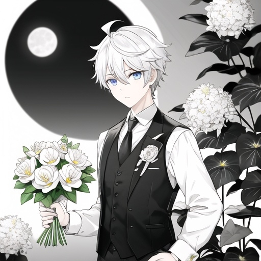 Prompt: 1boy, ahoge, alternate costume, bishounen, black vest, blue eyes, bouquet, flower, hair between eyes, holding flower, hydrangea, leaf, lily \(flower\), looking at viewer, lotus, male focus, moon, necktie, palm tree, plant, potted plant, shirt, short hair, solo, spider lily, upper body, vase, vest, white flower, white hair,anime art style