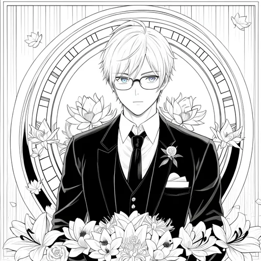 Prompt: 1boy, ahoge, alternate costume, bishounen, black vest, blue eyes, bouquet, flower, hair between eyes, holding flower, leaf, lily, looking at viewer, lotus, male focus, moon, necktie, plant, potted plant, shirt, short hair, solo, spider lily, upper body, vase, vest, white flower, white hair,Wear round frame glasses, filed background