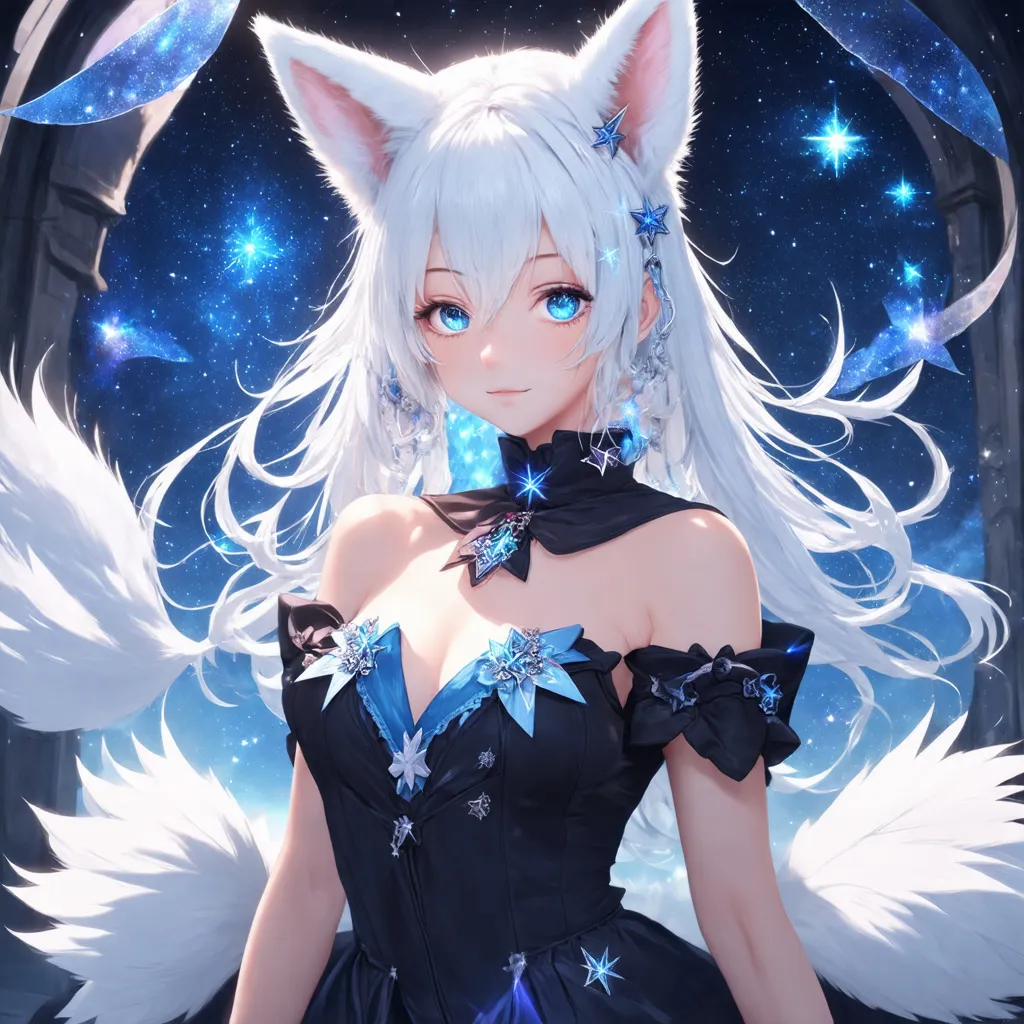 Prompt:  A stunning anime-style portrait of a teenage girl with white hair, styled elegantly. She has fox-like accessories, including fox ears and a fluffy fox tail. She is dressed in an outfit similar to Liliana's Wave skin from AOV, featuring a stylish, mystical design with flowing fabrics and intricate details. Her eyes are adorned with sparkling star-like patterns, making them absolutely captivating. The background is an ethereal, starry dimension, with cosmic elements that enhance the magical and otherworldly feel of the character.






