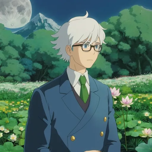 Prompt: 1boy, Ahoge, Alternate outfit, Bishounen, black vest, blue eyes, flower, Hair between eyes, Holding flower, Leaf, Lily, Looking at viewer, Lotus, Male focus, moon, Tie, plant, shirt, short hair, solo, spider lily, upper body, vase, vest, white flower, white hair, round-rimmed glasses, flower field background