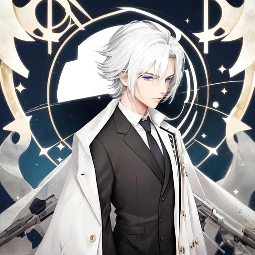 Prompt: Description: A captivating anime-style portrait of a teenage boy with white hair and blue eyes, viewed from a left  -side angle. His hair is slightly tousled, adding to his stylish appearance. He is dressed in a sleek black suit with a blue tie, and a four-pointed yellow star is pinned on the left side of his jacket. The background features a dimensional space with ethereal elements and cosmic patterns, inspired by the AOV dimension,standing pose