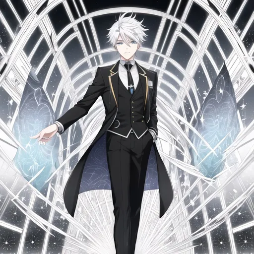 Prompt: Description: A captivating anime-style portrait of a teenage boy with white hair and blue eyes. His hair is slightly tousled, adding to his stylish appearance. He is dressed in a sleek black suit with a blue tie, and a four-pointed yellow star is pinned on the left side of his jacket, symbolizing the Dimension Academy. The background features a dimensional space with ethereal elements and cosmic patterns, inspired by the AOV dimension.