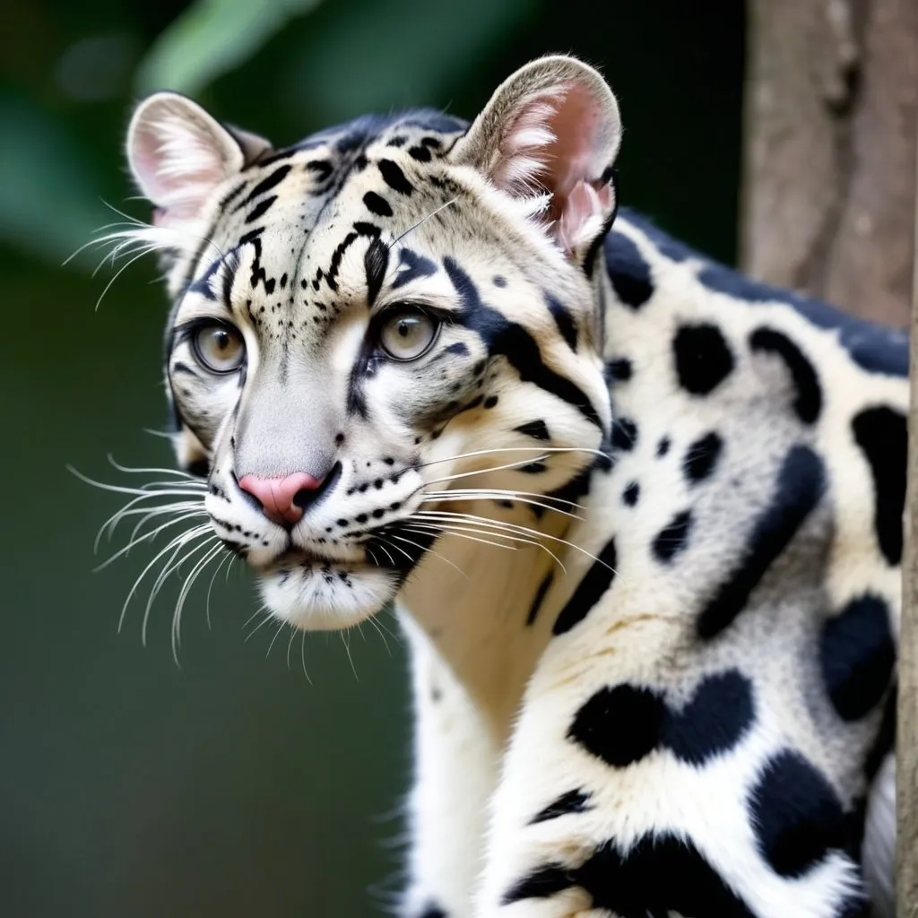 Prompt: Longer haired White and grey clouded leopard 