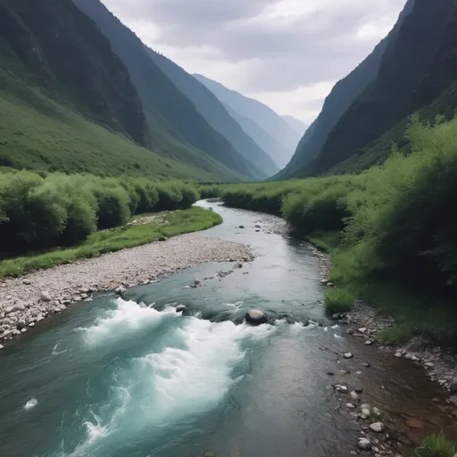 Prompt: Beautiful river in the middle of low lying mountians