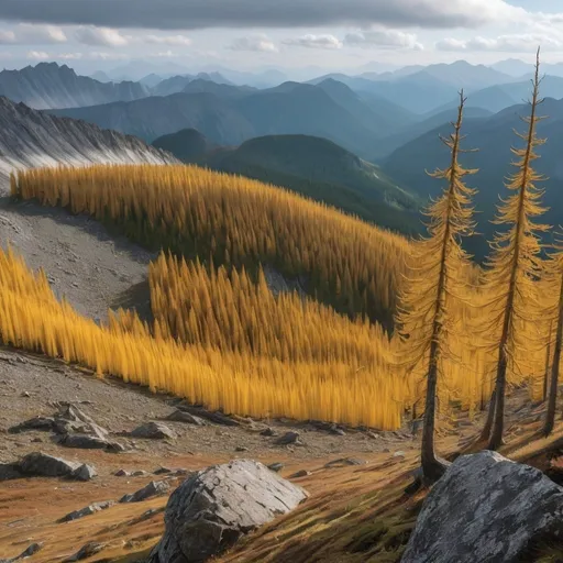 Prompt: A Larch Forest sitting on a rocky plateau 