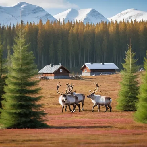 Prompt: Reindeer farm with a larch forest and rigde in the background 