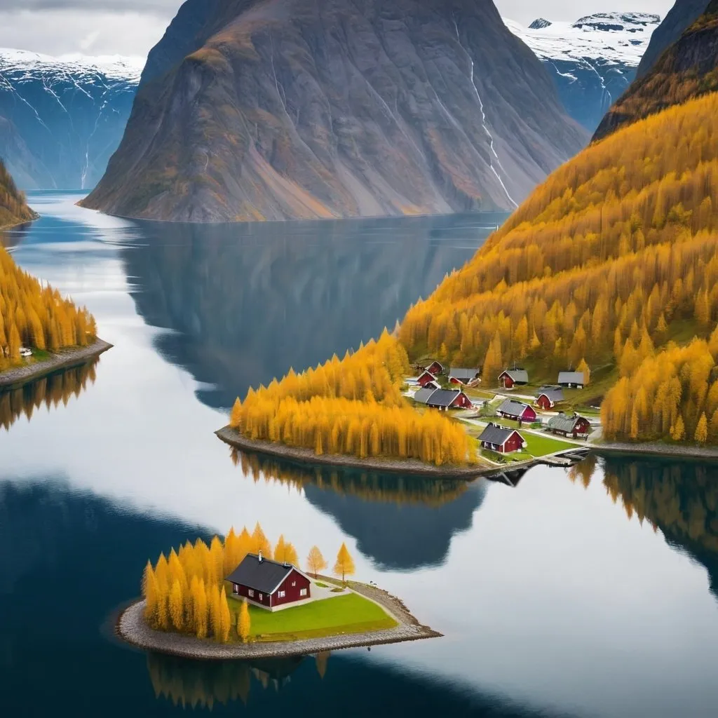 Prompt: Fjord lined with larch trees and a small  village 