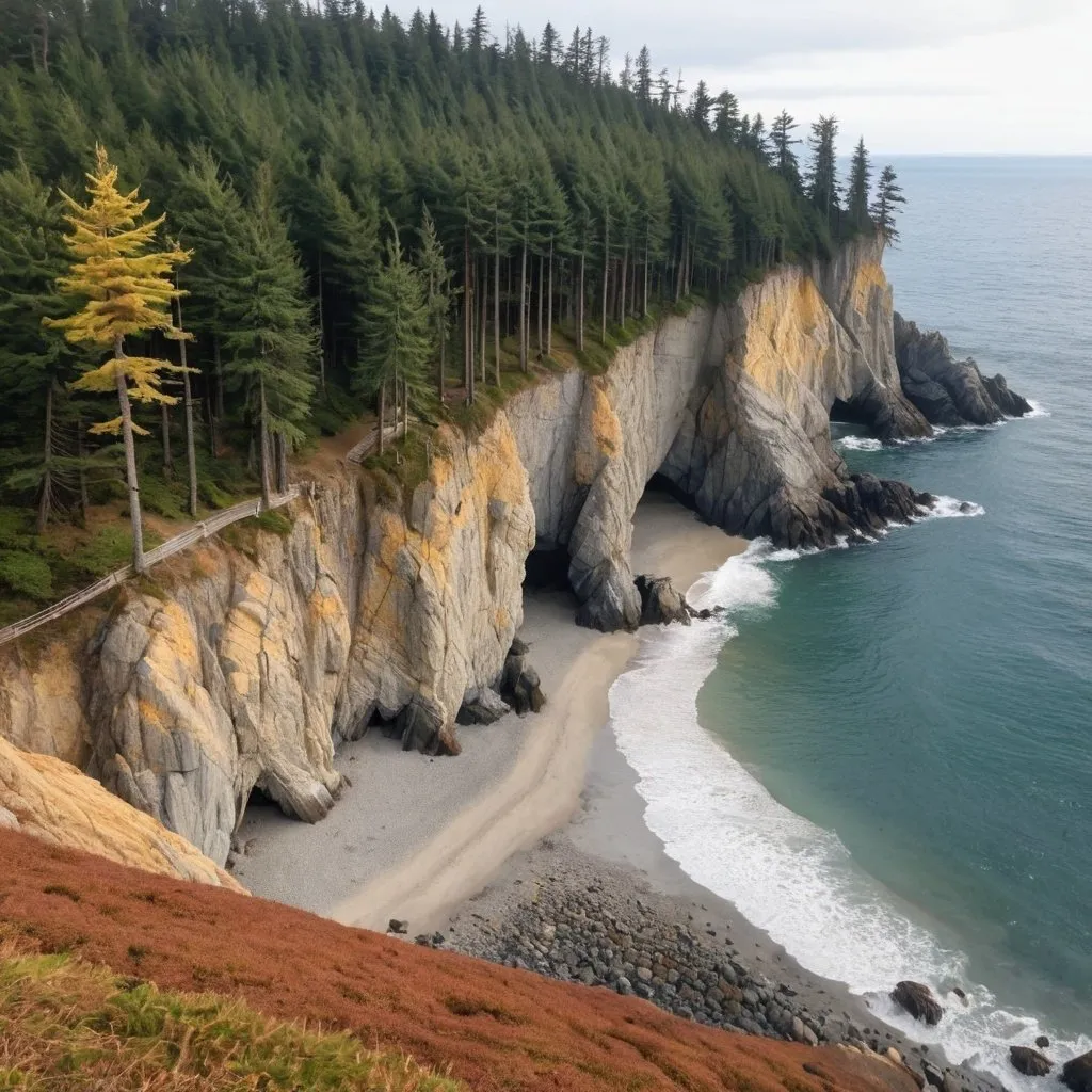 Prompt: Rocky cliff that's topped with larch and pine trees that leads to a beach on the ocean