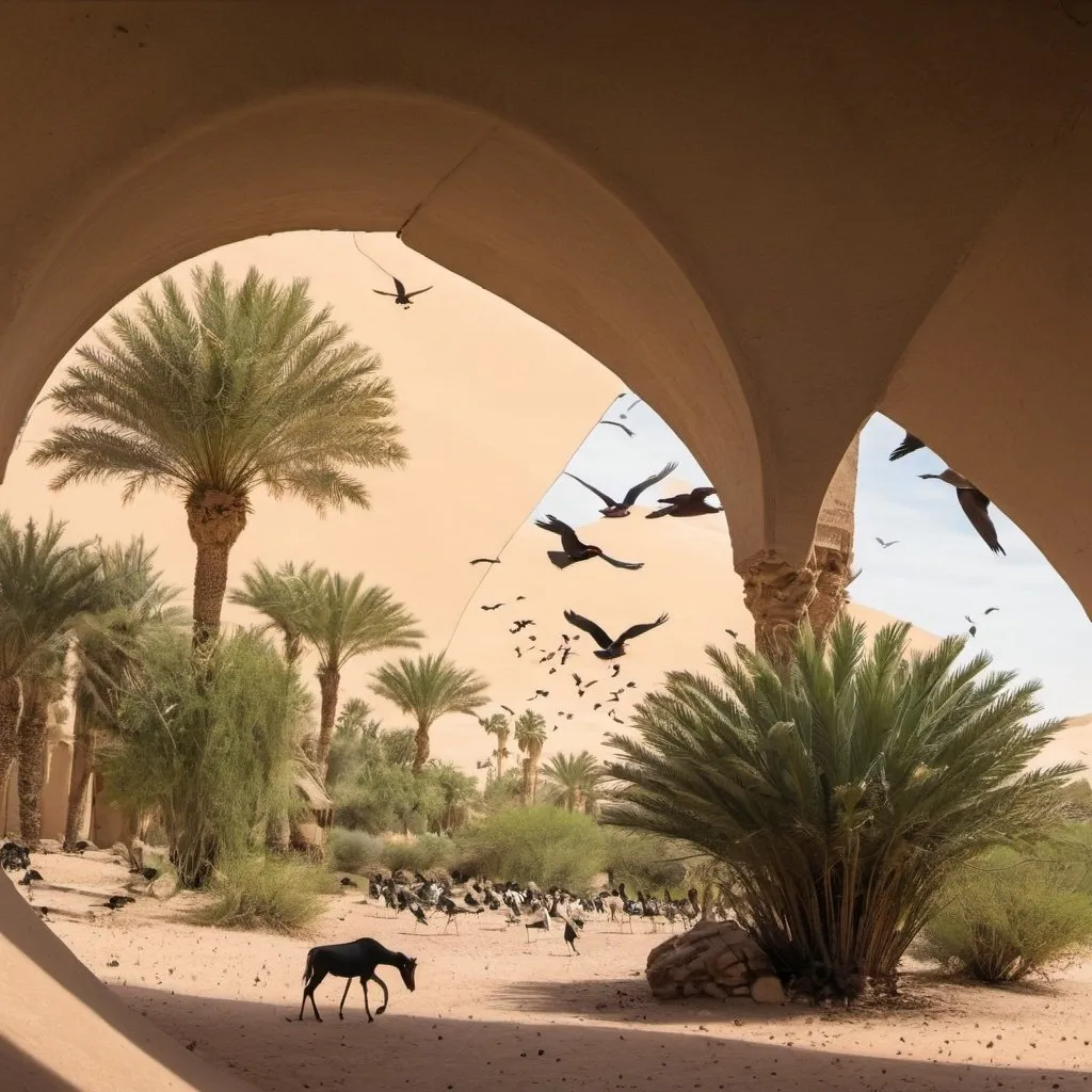 Prompt: large oasis in desert filled with birds and animals