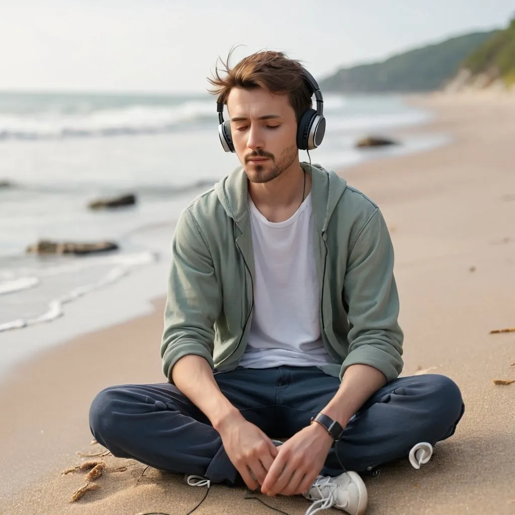 Prompt: A men who listening music on a seashore