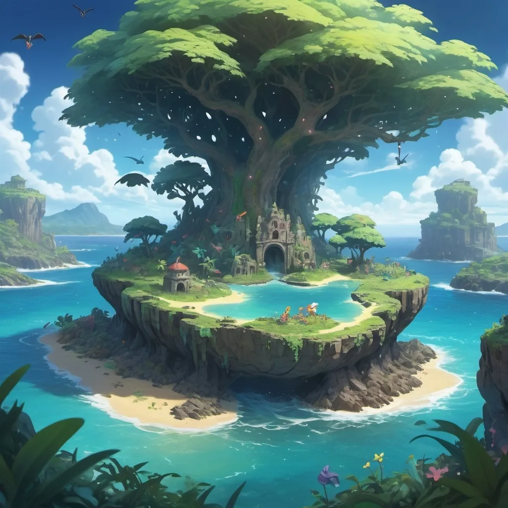 Prompt: (dreamlike island), brooding setting, (exotic Pokémon) roaming freely, lush greenery intertwined with chaotic dark landscapes, scattered ruins and wild flora, creatures displaying diverse abilities and colors, a serene ocean backdrop, high-quality, ultra-detailed composition, whimsical atmosphere, captured in ethereal lighting, playful shadows and bright highlights, with a visible cave