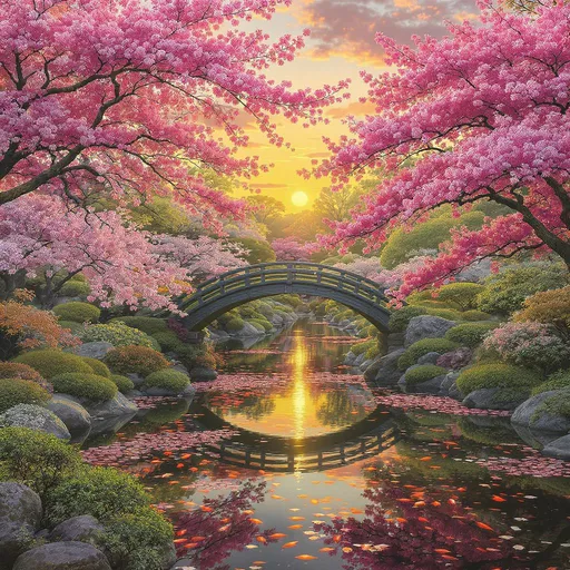 Prompt: a serence japanese garden at sunset with cherry blossoms floating on a koi pound,painted in the style of studio ghibil