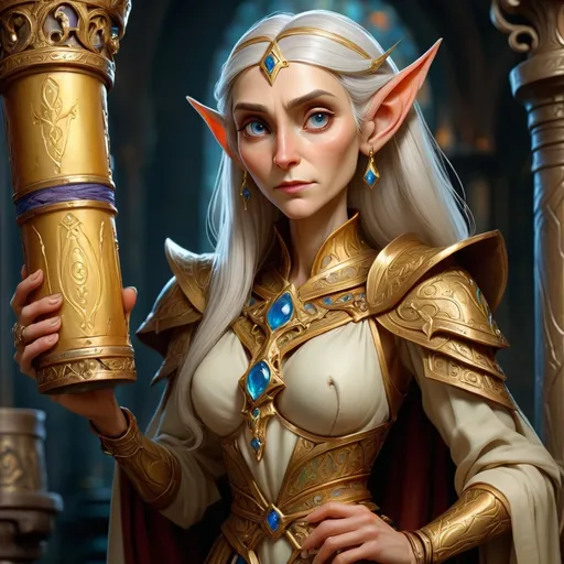 Prompt: Beautiful, Old, High-Elf Lady holding an ornate, golden codex cylinder. The cylinder should be roughly 3 cm in diameter.  The image should be styled like a portrait from dungeons and dragons.